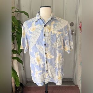 Tommy Bahama Men's 100% Linen Blue Hawaiian Button Up Shirt Floral Medium Palm